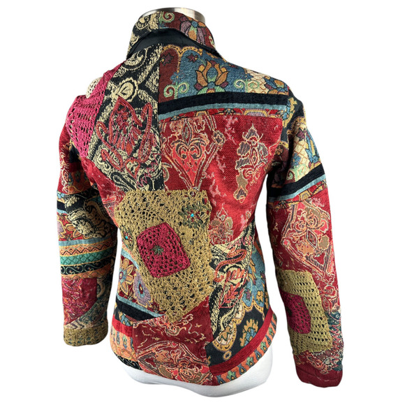 Chico's Tapestry Patchwork Embroidered Crochet Button Front Jacket Sz 1 Medium 8 - Picture 10 of 16